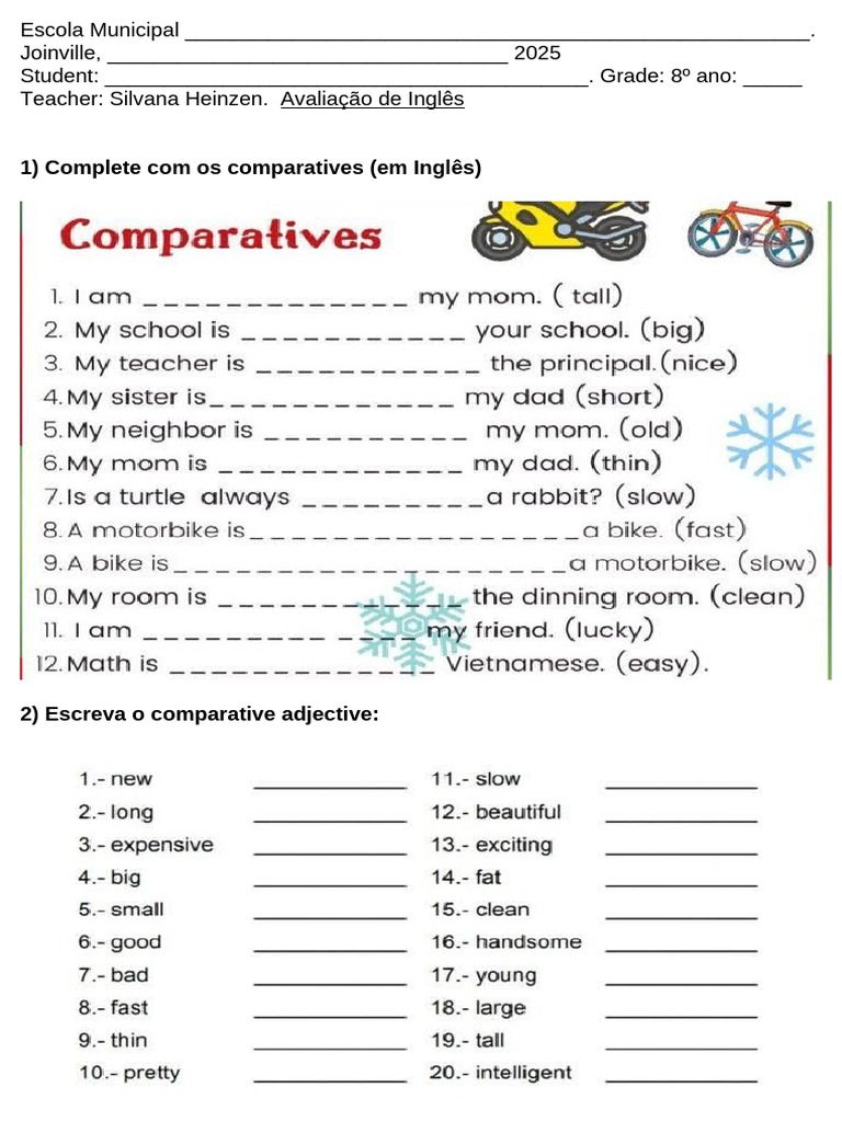 Exercícios de Comparativos em Inglês 8º Ano | PDF