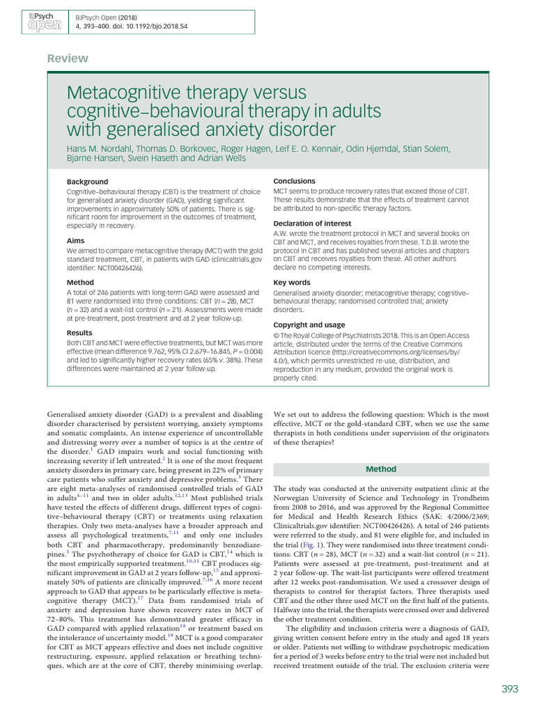 MCT vs CBT for Generalized Anxiety Disorder | PDF | Cognitive ...