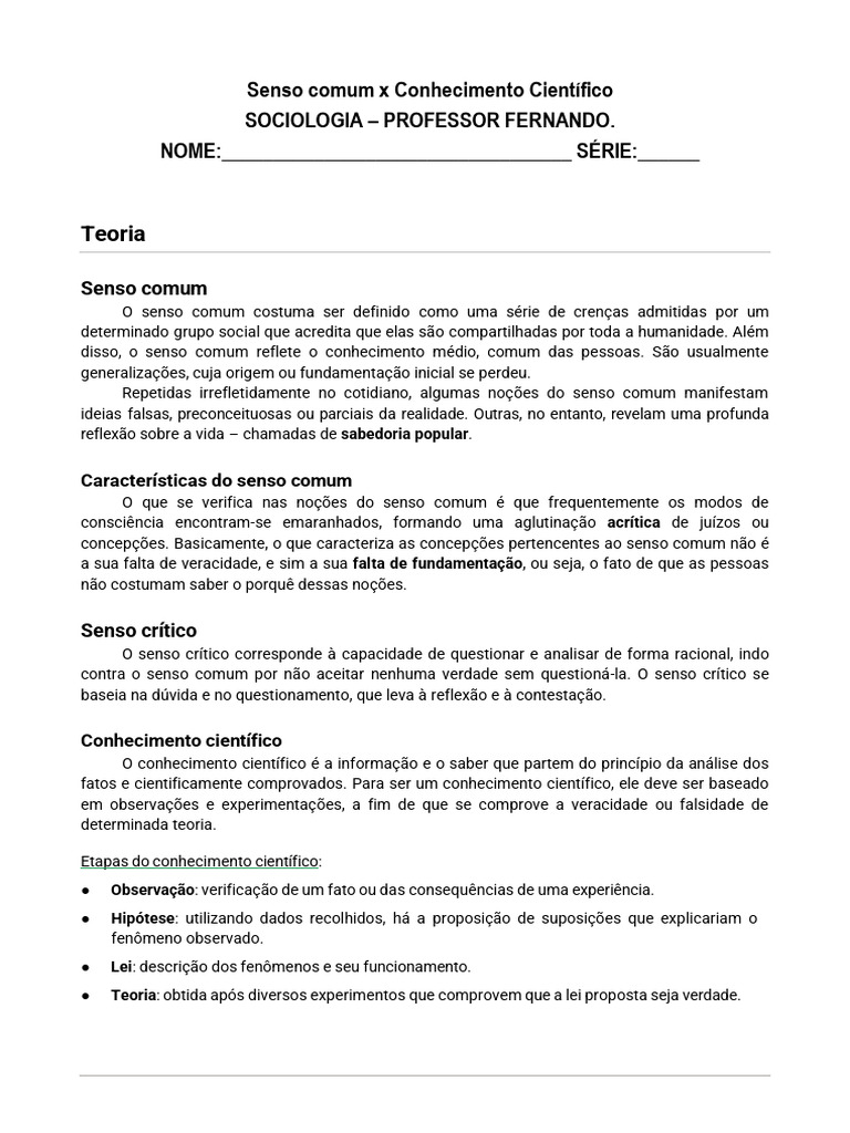 Senso Comum e Conhecimento Científico | PDF | Conhecimento | Science