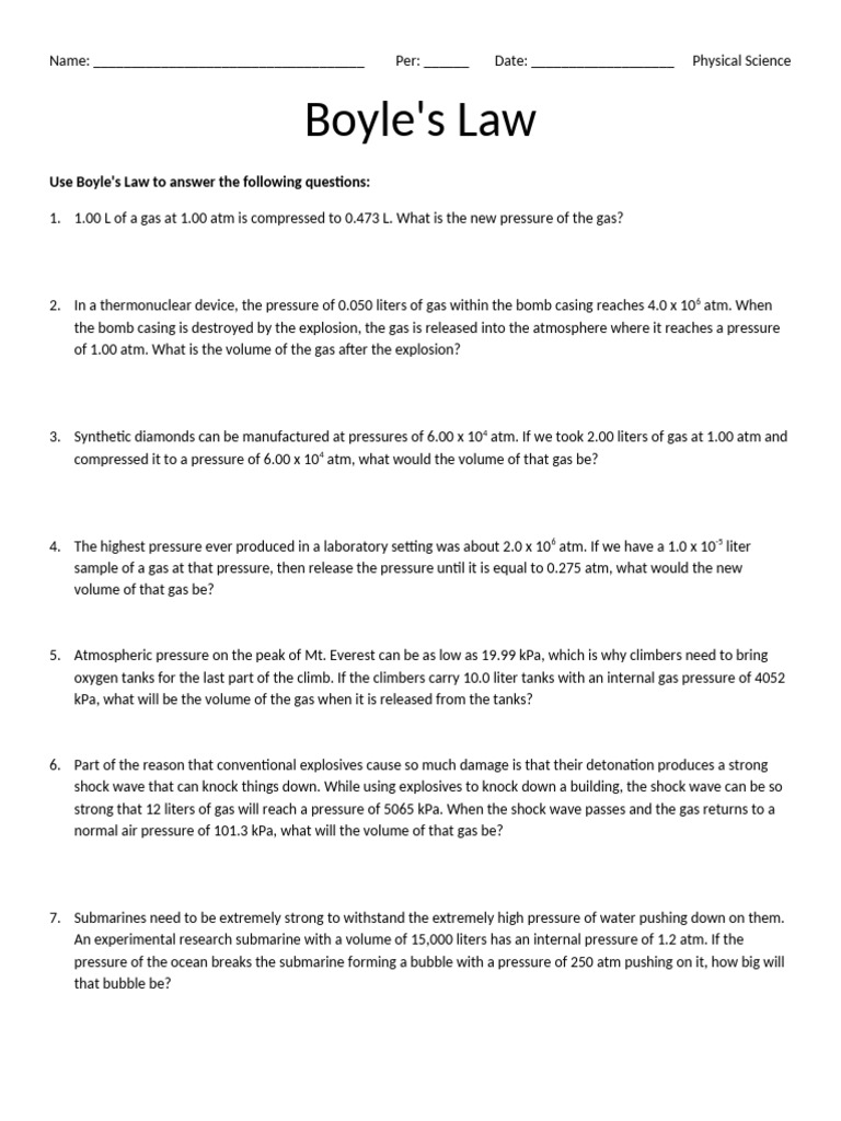 Boyle's and Charles' Law Worksheet | PDF | Gases | Pressure