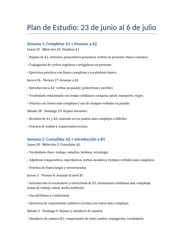 Plan Estudio Alemán 23 Junio 6 Julio | PDF