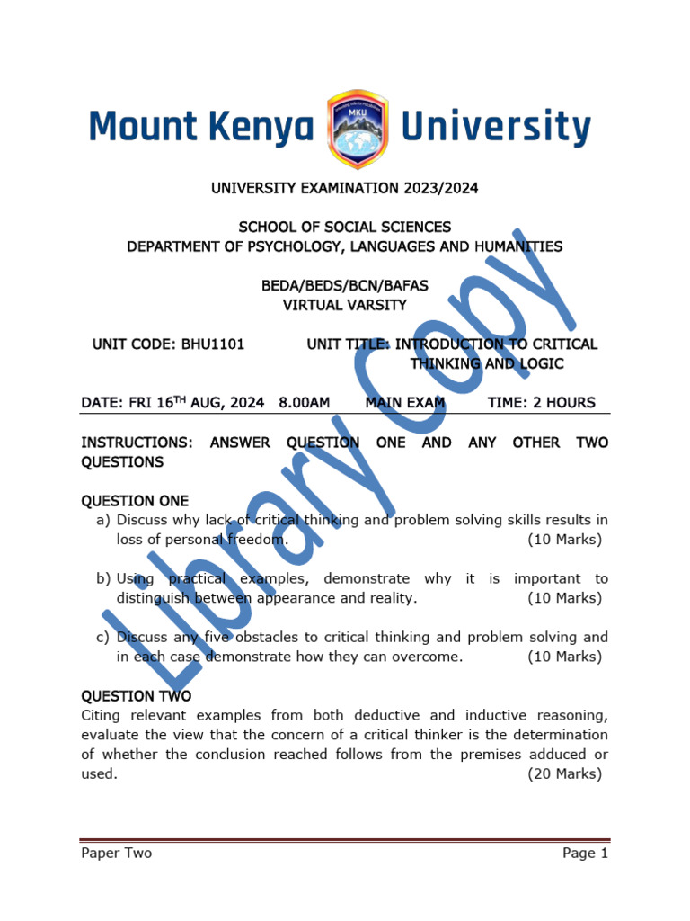 Critical Thinking Exam Guide 2024 | PDF | Critical Thinking | Argument