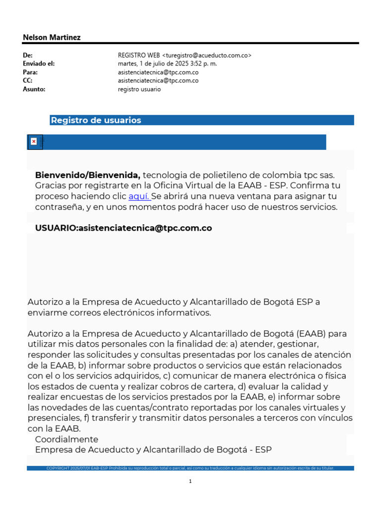 Confirmación de Registro de Usuario EAAB | PDF