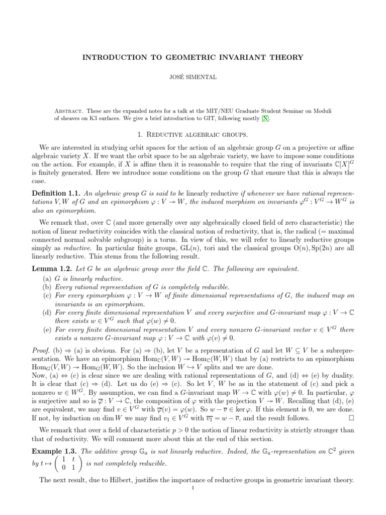 Introduction to Geometric Invariant Theory | PDF | Group (Mathematics ...