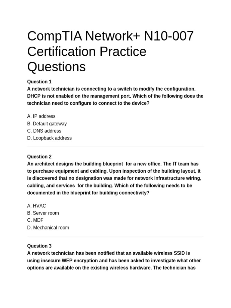 CompTIA Network+ N10-007 Certification Practice Questionpaper | PDF ...