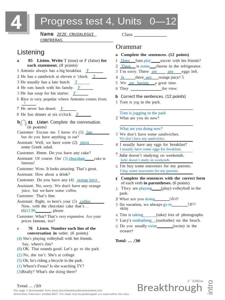 Progress Test 4: Listening & Grammar | PDF | Lunch | Foods