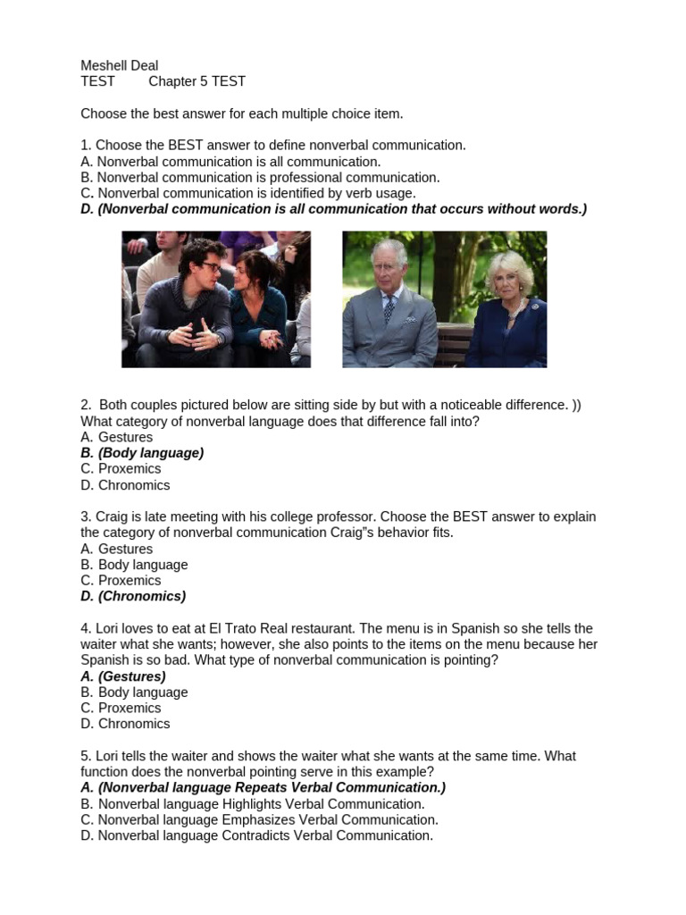 Nonverbal Communication Test | PDF | Nonverbal Communication | Body ...
