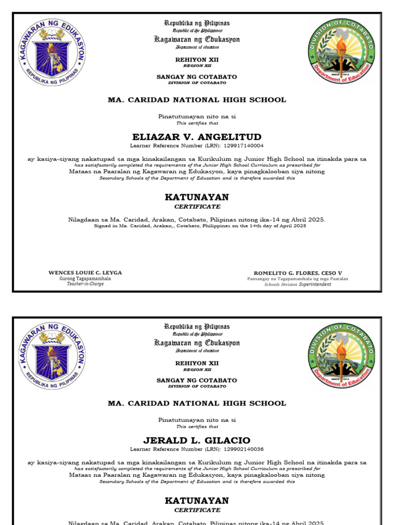 MA. CARIDAD NHS - Completion Certificate - Junior High School 2025 ...