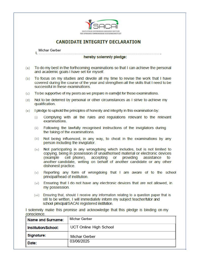 Michar - Gerber - Candidate Integrity Declaration | PDF