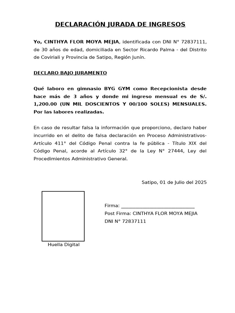 Declaración Jurada de Ingresos | PDF