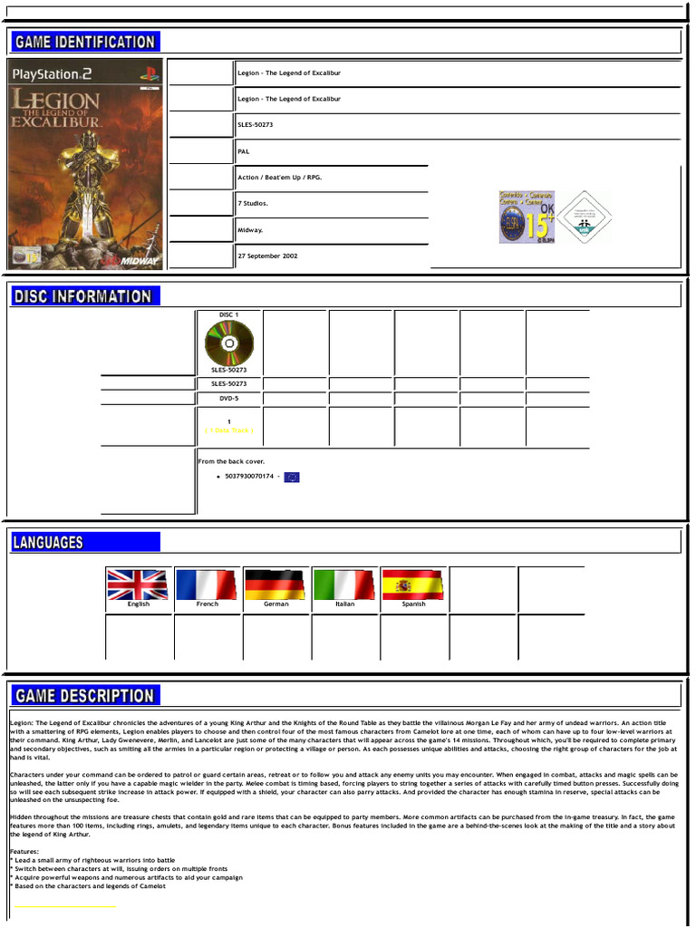 Legion - The Legend of Excalibur - (Pal) | PDF | Excalibur | King Arthur
