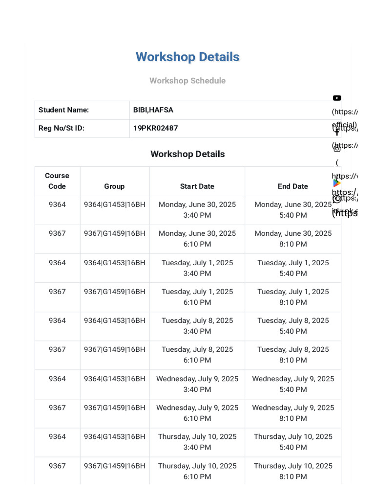 Workshop Schedule for Students | PDF