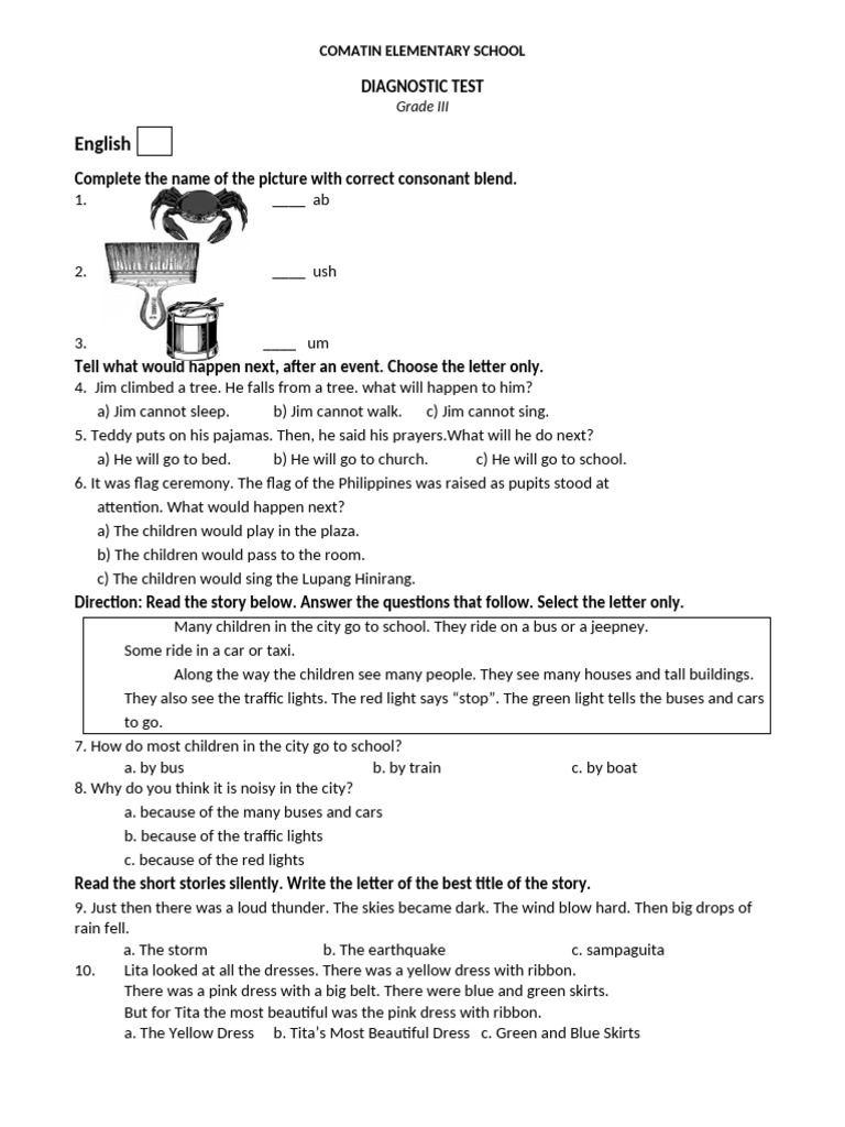 Diagnostic Test K To 12 Grade 3 2025 26 | PDF
