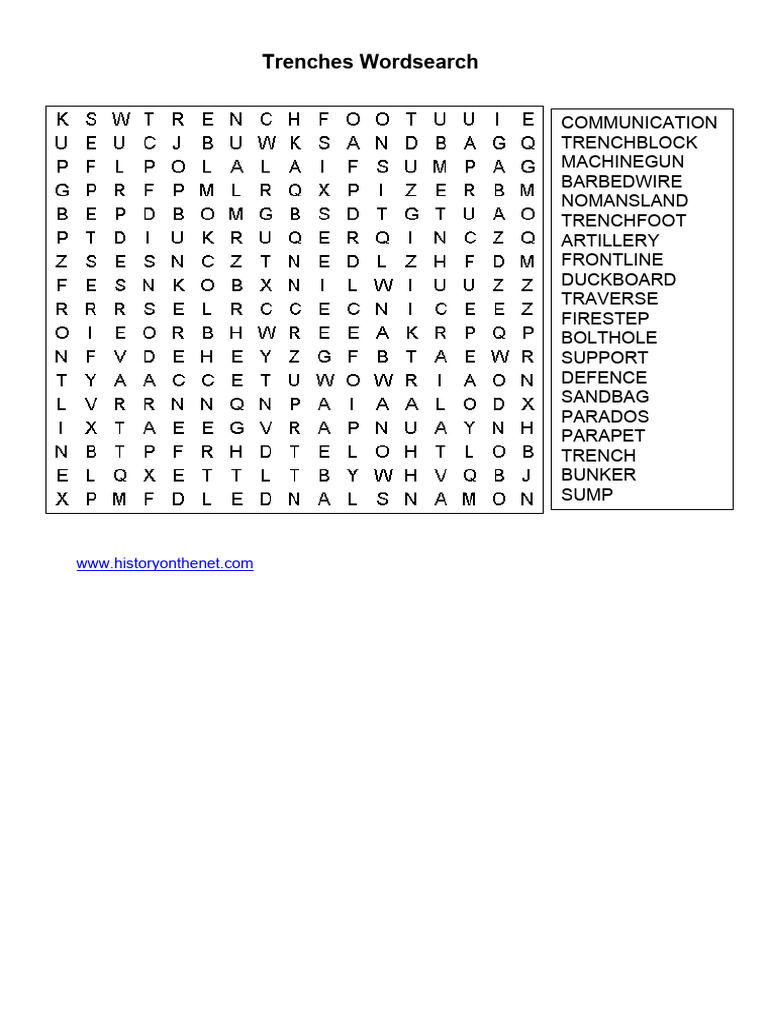 Trench Warfare Vocabulary Wordsearch | PDF