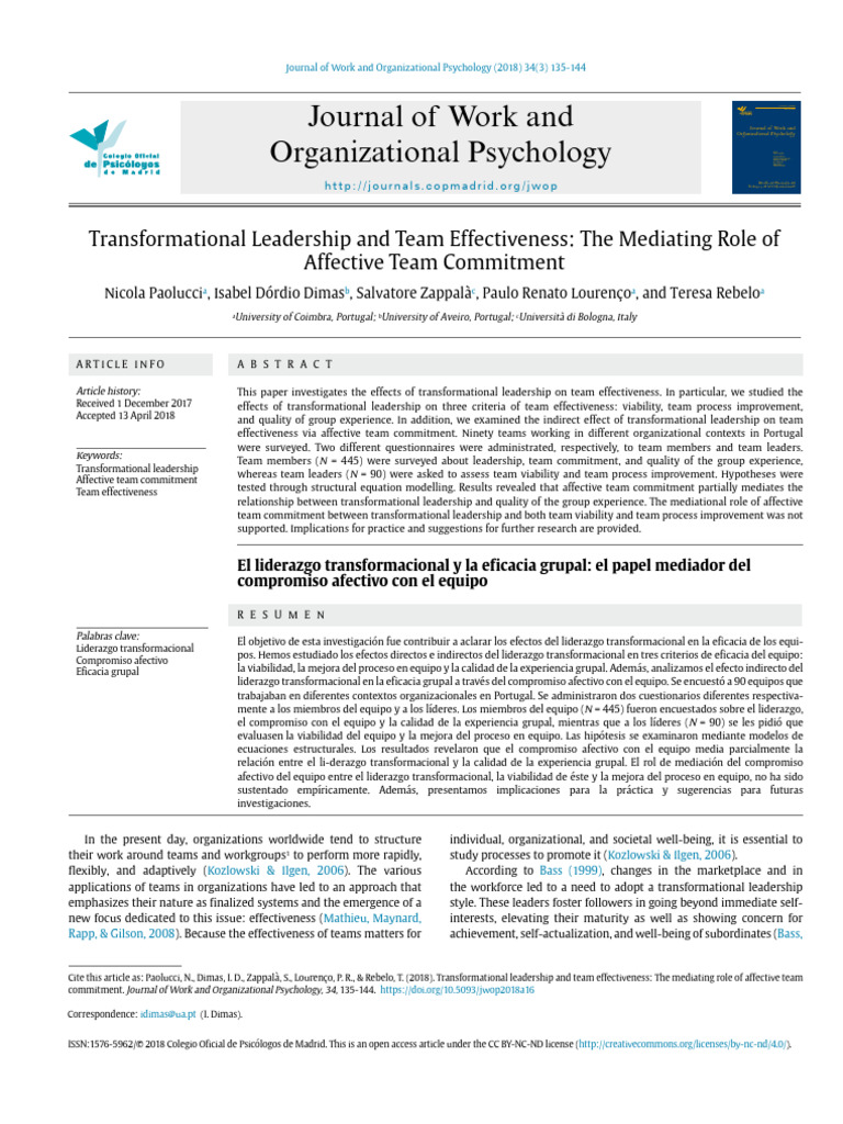 2018-Transformational Leadership and Team Effectiveness The Mediating ...