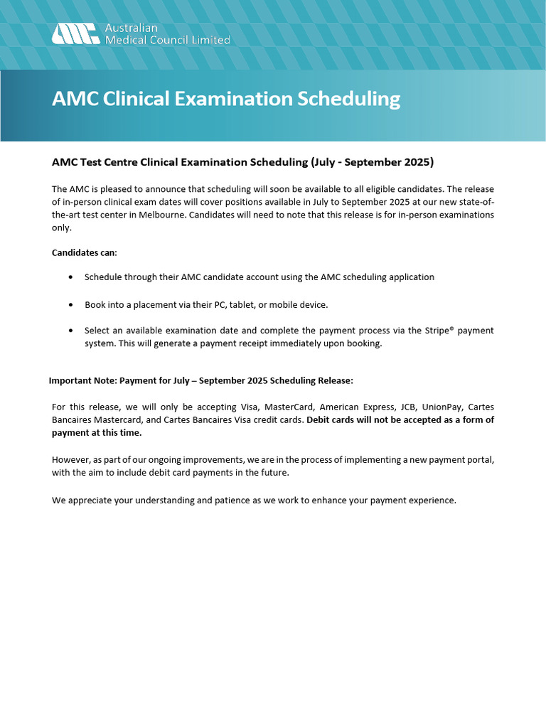 AMC Clinical Exam Dates July-Sept 2025 | PDF | Payments | Debit Card