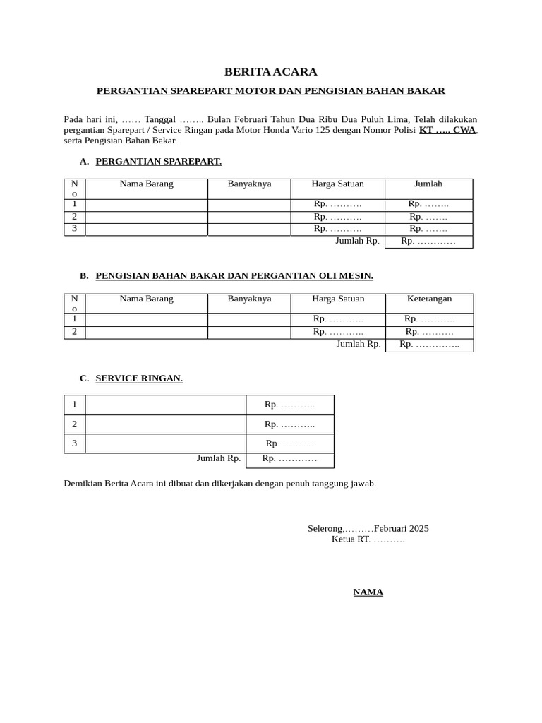 Nota Servis Motor Honda Vario 2025 | PDF