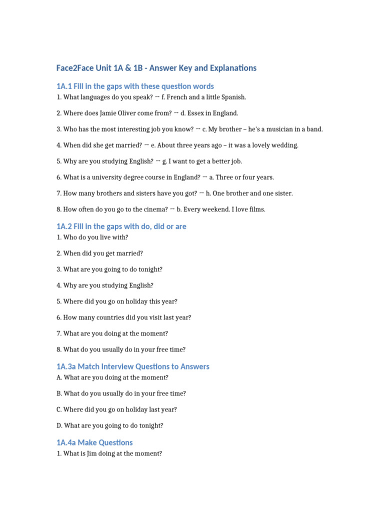Face2Face Unit 1A & 1B Answer Key | PDF