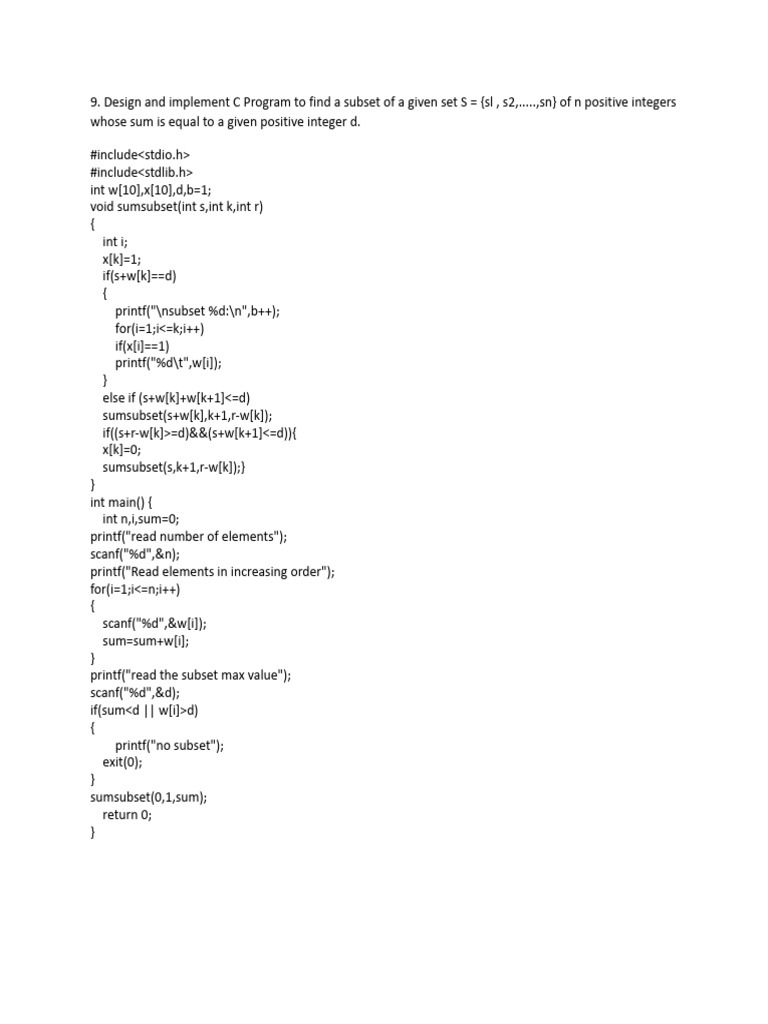 C Program for Subset Sum Problem | PDF | Integer (Computer Science ...