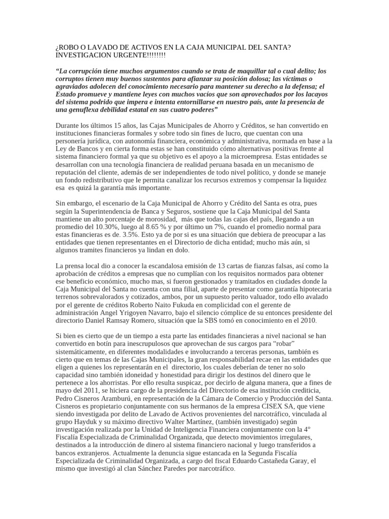 Corrupción en Caja Municipal del Santa | PDF | Bancos | Corrida bancaria