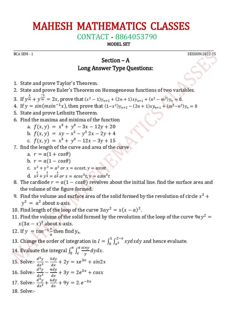 BCA Sem 1 Mathematics Model Set | PDF | Function (Mathematics ...