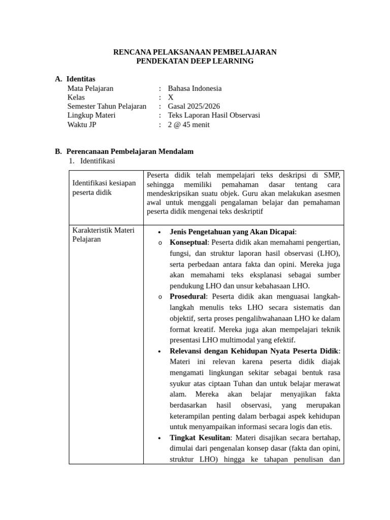 RPP Deep Learning Bahasa Indonesia Kelas X | PDF