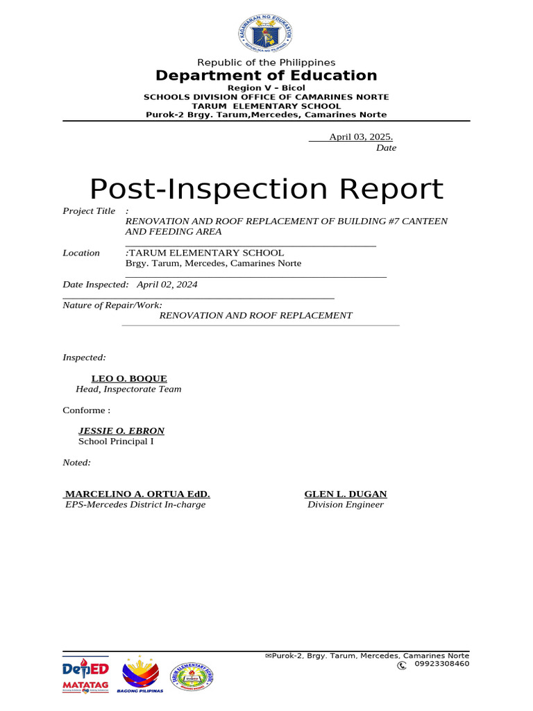 Renovation Report for Tarum Elementary | PDF