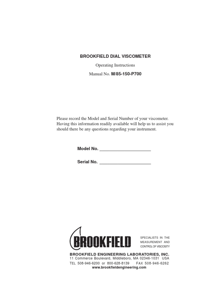 Brookfield Dial Viscometer Manual | PDF | Viscosity | Rheology
