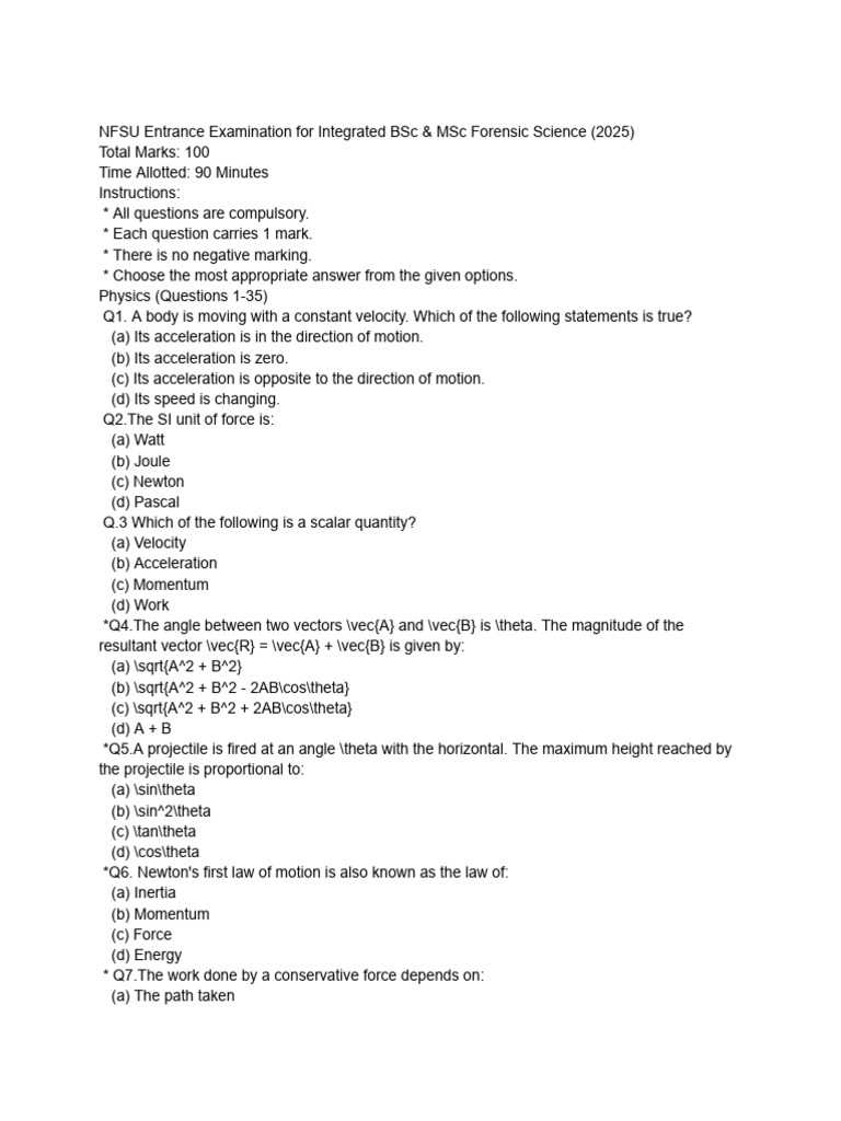 NFSU Forensic Science Entrance Exam 2025 | PDF | Cell (Biology ...