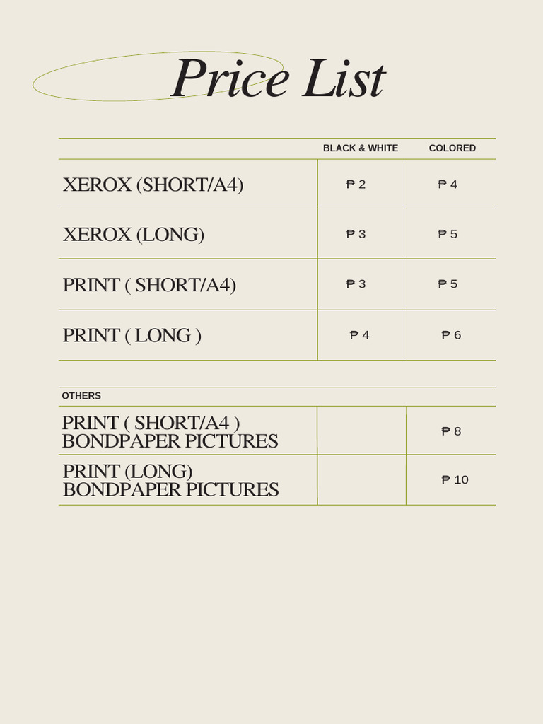 Printing and Xerox Price List | PDF