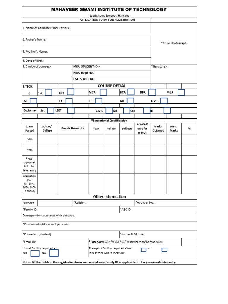 B.Tech Registration Application Form | PDF | Academic Degree | Career ...