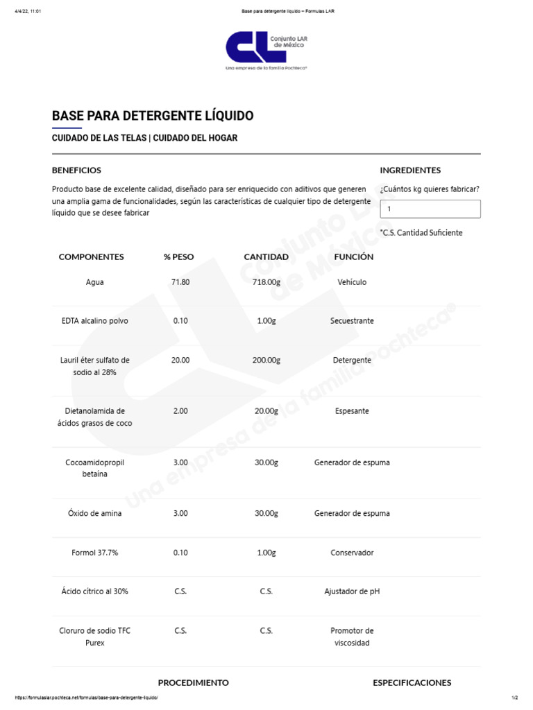 Fórmula Base para Detergente Líquido | PDF | Detergente | Química