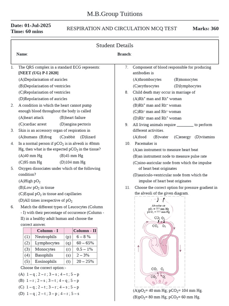 MCQ Test on Respiration and Circulation | PDF | Lung | Heart