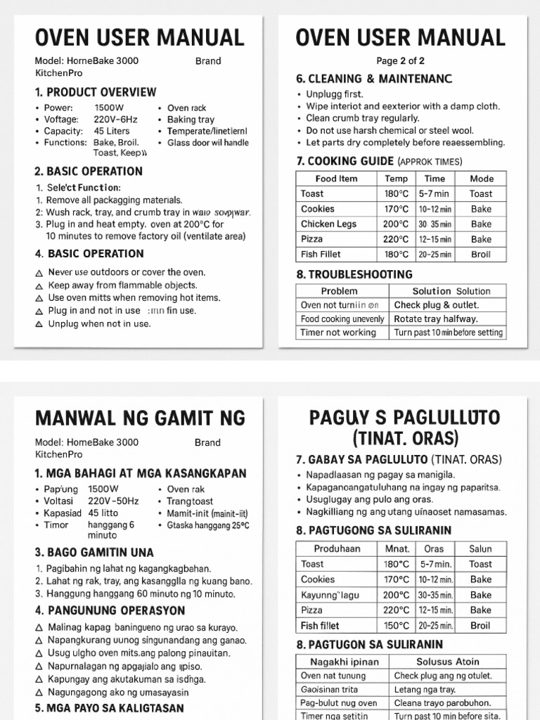 Oven User Manual Tagalog and English | PDF