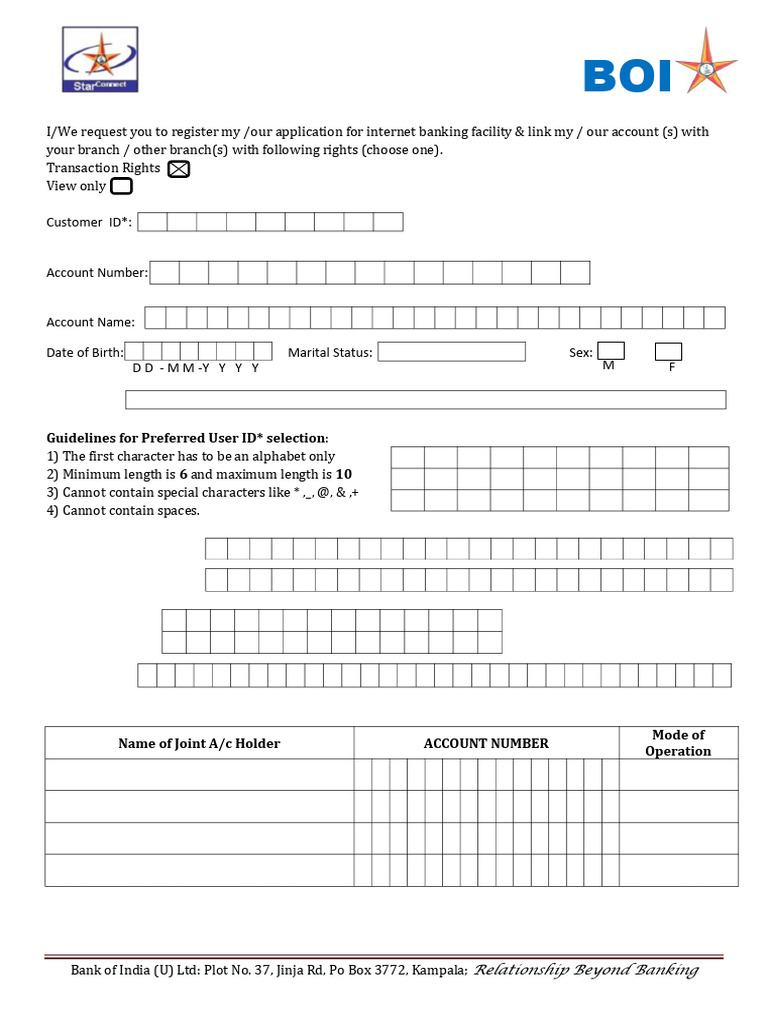 BOI Internet Banking Application Form | PDF | Online Banking | Banks ...