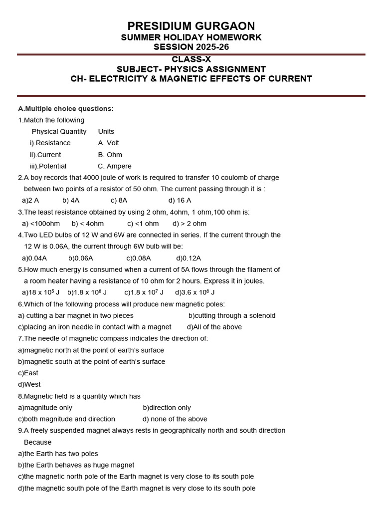 Class X Physics Assignment 2025-26 | PDF | Electric Current | Chemical ...