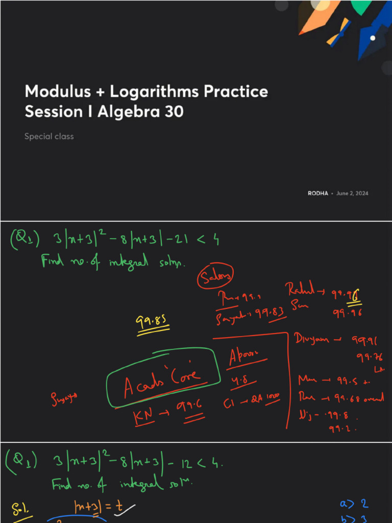 Modulus Logarithms Practice Session I Algebra 30 With Anno @dev | PDF
