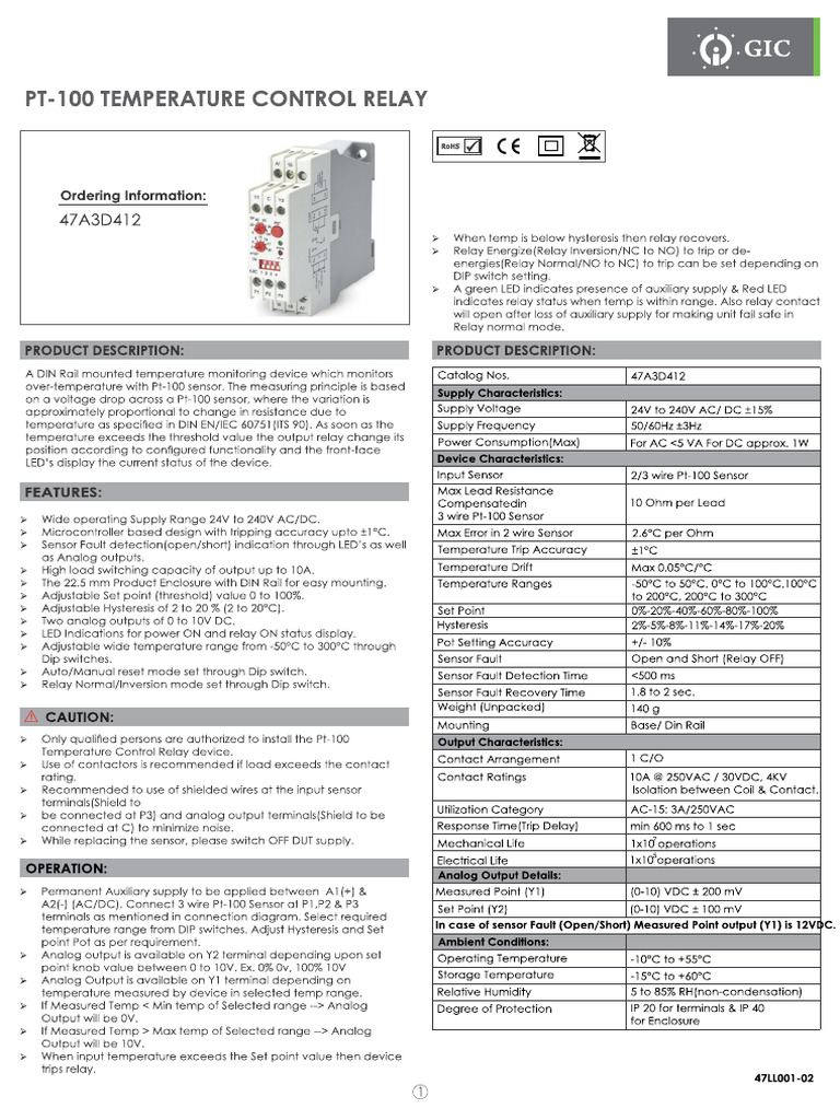 Pt-100 Temperature Control Relay 47ll001 | PDF