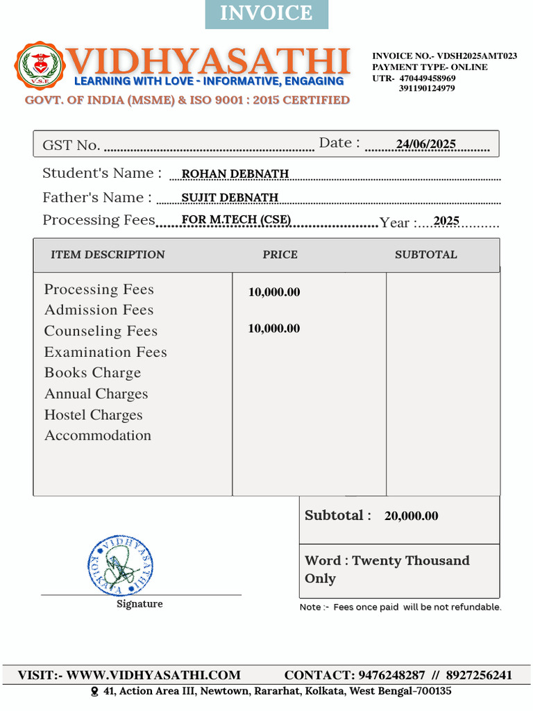M.Tech Admission Invoice Details | PDF