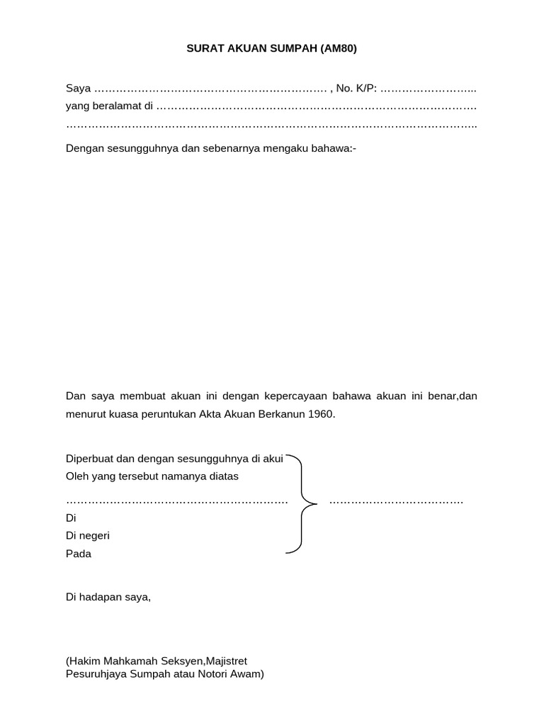 Contoh Surat Akuan Sumpah AM80 | PDF