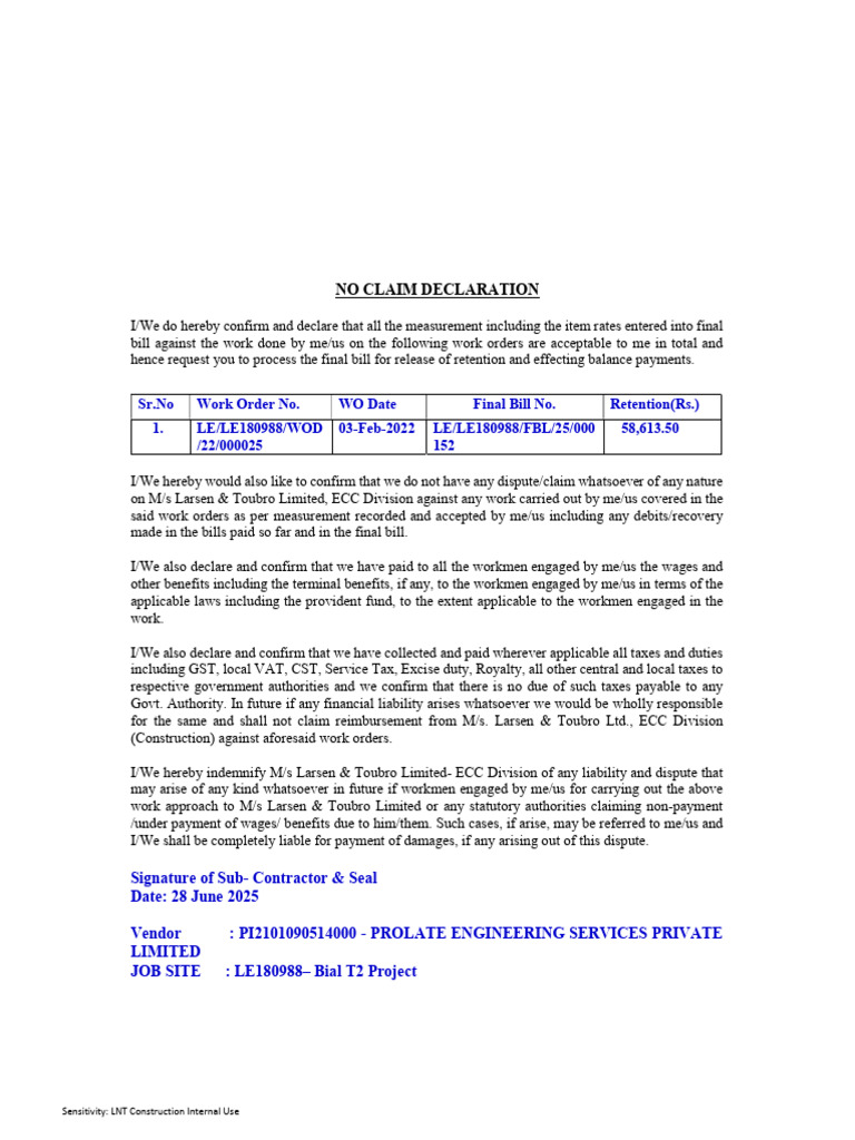 No Claim Declaration for Final Bill | PDF | Taxes | Taxation