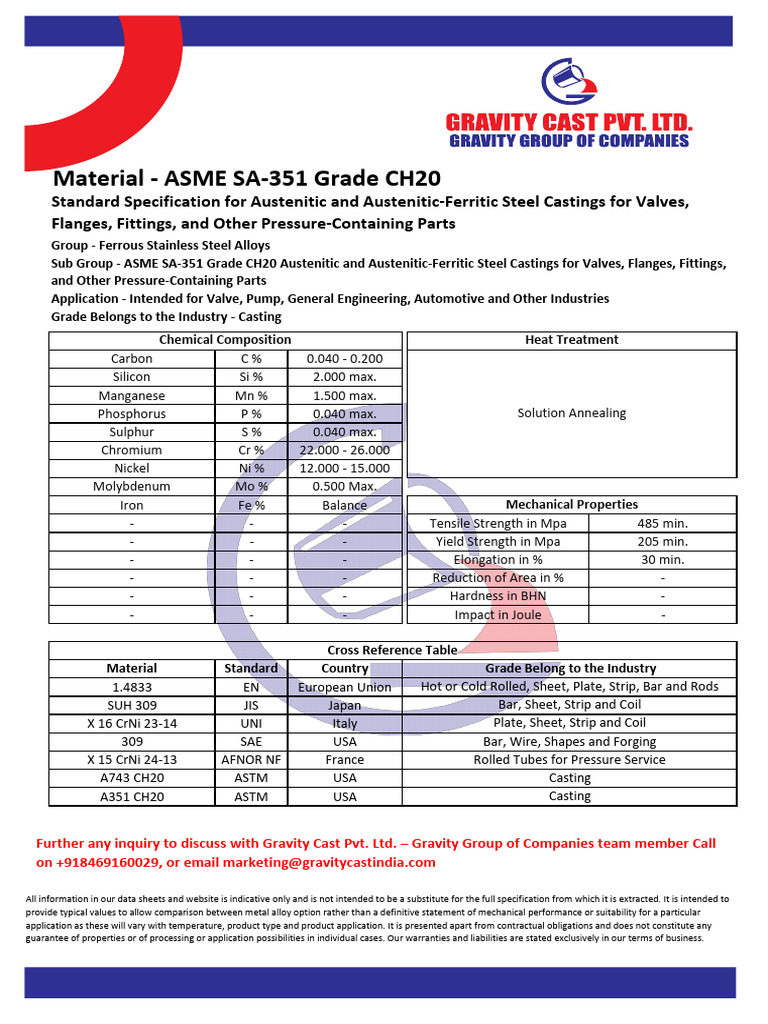 ASME SA-351 CH20 Material Properties | PDF | Steel | Building Materials
