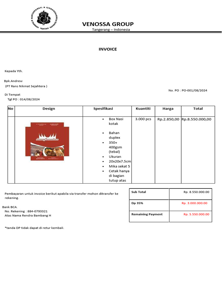 Invoice Box Nasi PT Rans Nikmat Sejahtera | PDF