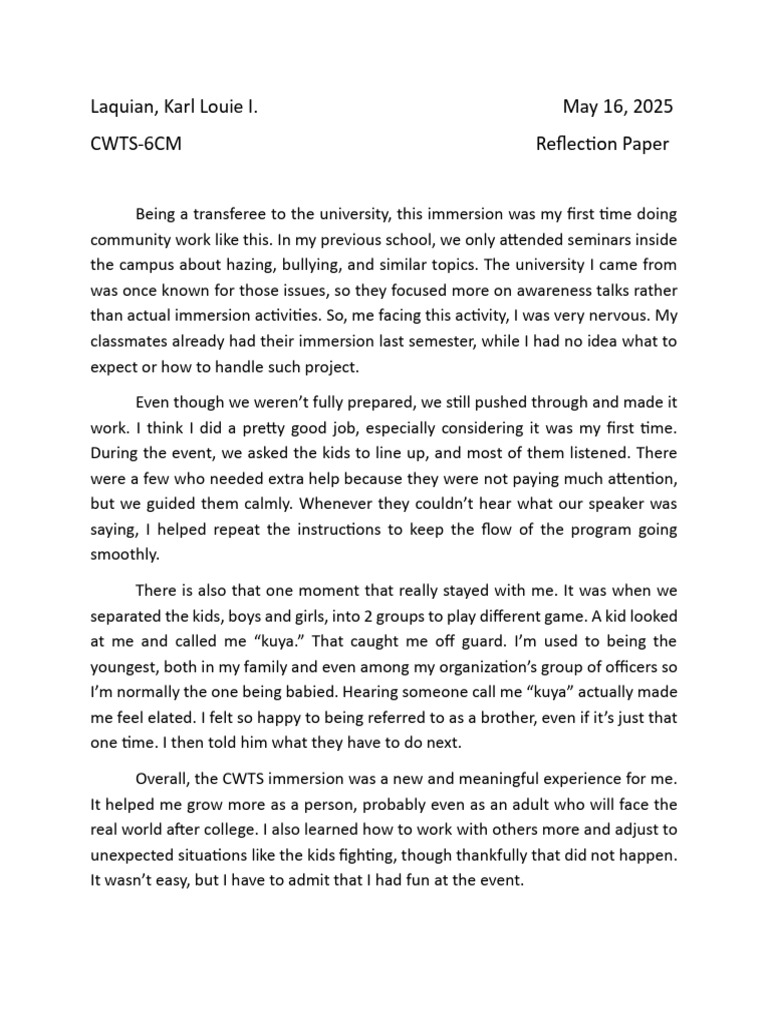 Laquian, Karl Louie I. CWTS Reflection Essay | PDF