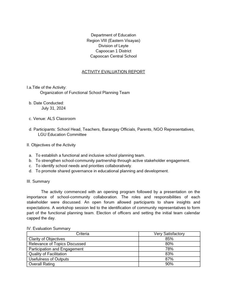 School Planning Team Evaluation Report | PDF | Evaluation