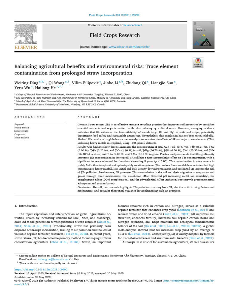 Trace Element Risks from Straw Return | PDF | Soil | Agriculture