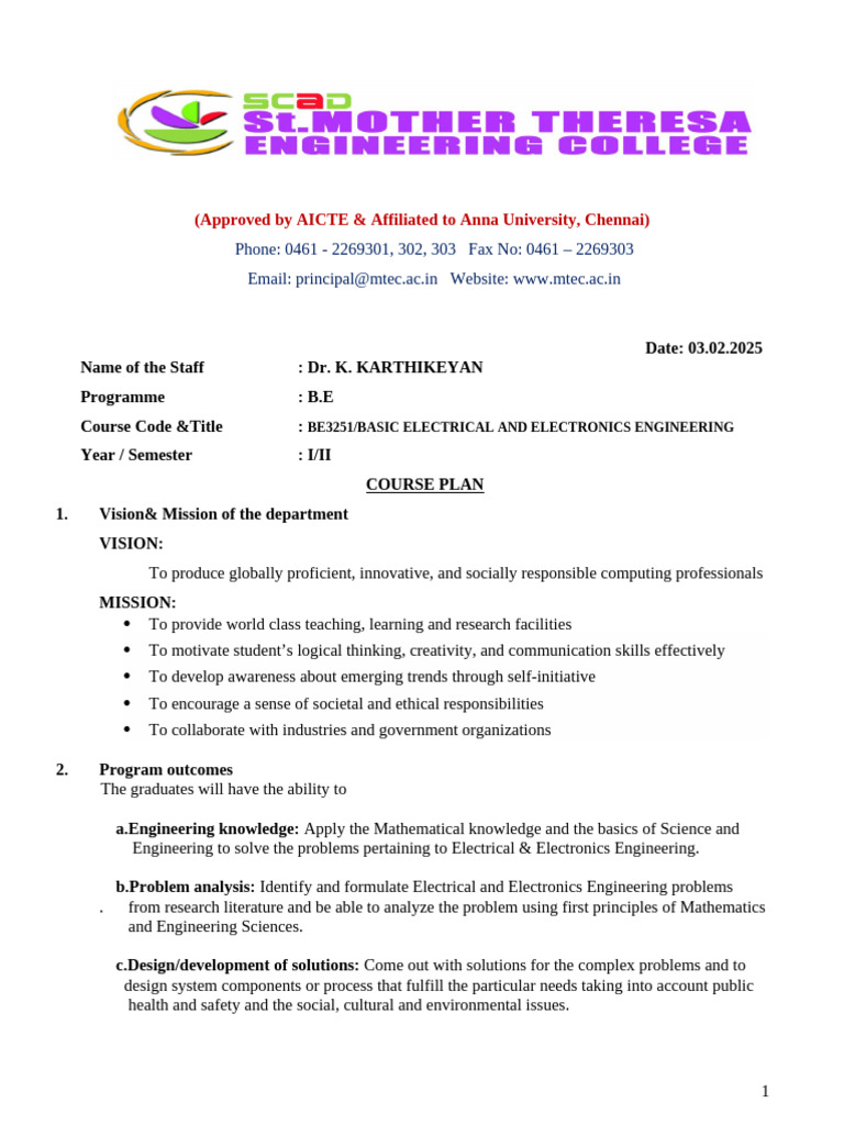 Basic Electrical & Electronics Engineering Course Plan | PDF ...