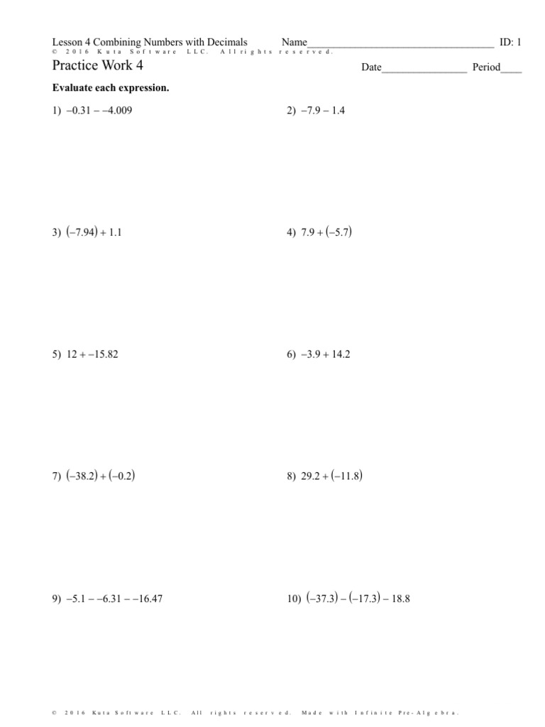 Decimal Operations Practice Worksheet | PDF