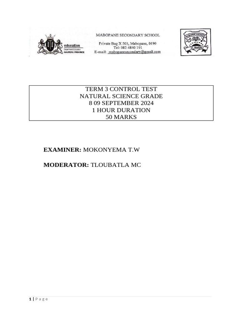Grade 8 Term 3 Natural Science Test | PDF