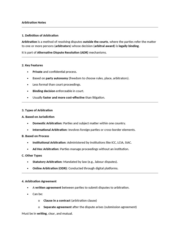 Notes On Arbitration | PDF | Arbitration | Alternative Dispute Resolution